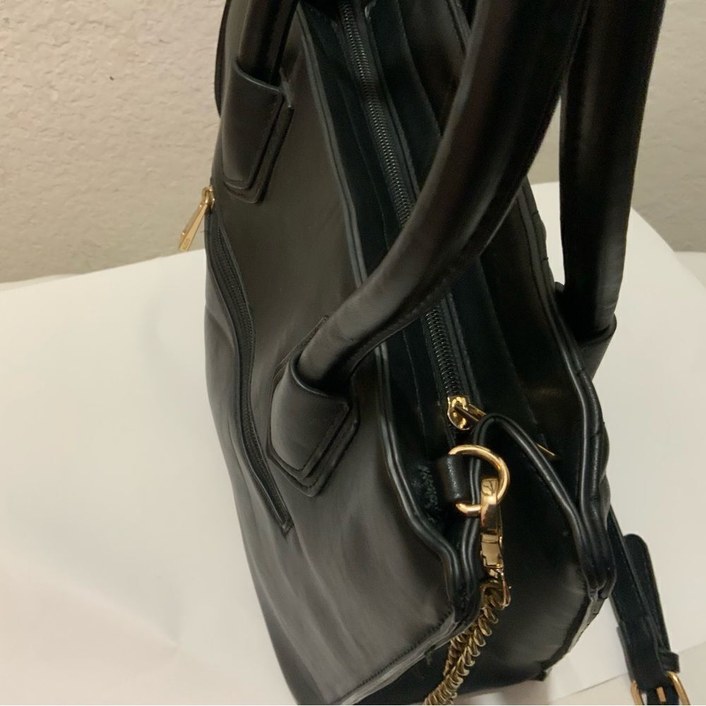 Aldo Womens Satchel Handbag Black Pockets Dual Handle Chain Zipper Faux Leather - Picture 11 of 16